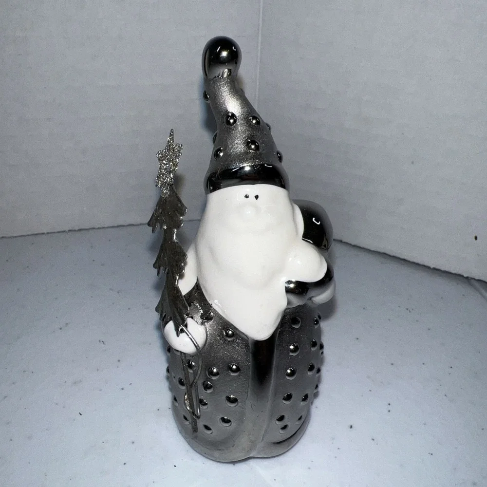 Vintage Pier 1 White Ceramic Snowman  And Santa Figures Silver Christmas